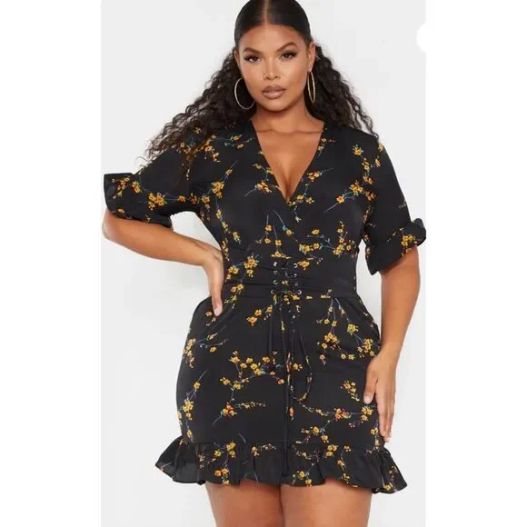 PRETTYLITTLETHING NWT Black Floral Corset Mini Dress